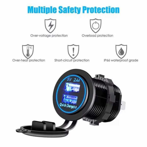 IP65 Waterproof QC3.0 USB Car Charger 5V 2.4A For Car Boat Bus Golf Motorcycle