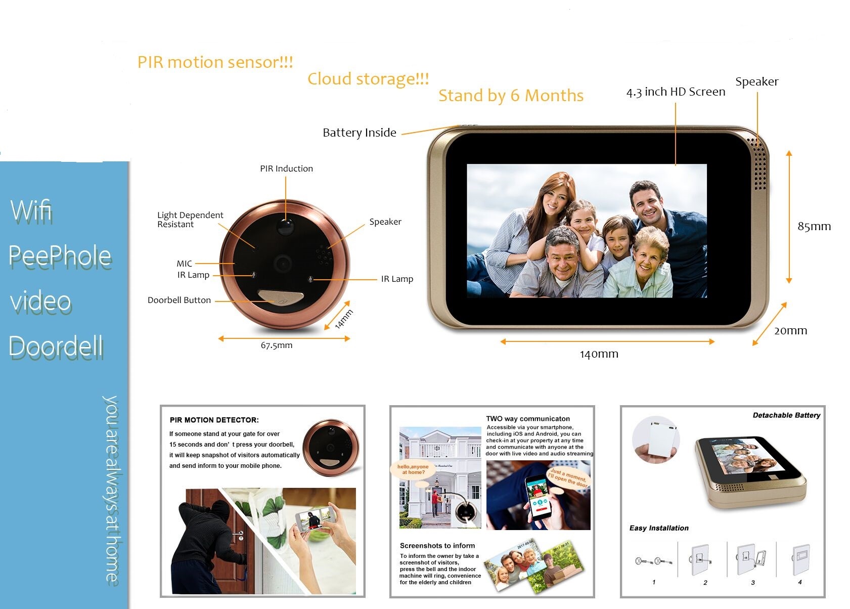 Дверного звонока безопасностью Peephole Wifi степеней беспроводного погодостойкая 160 широкоформатных