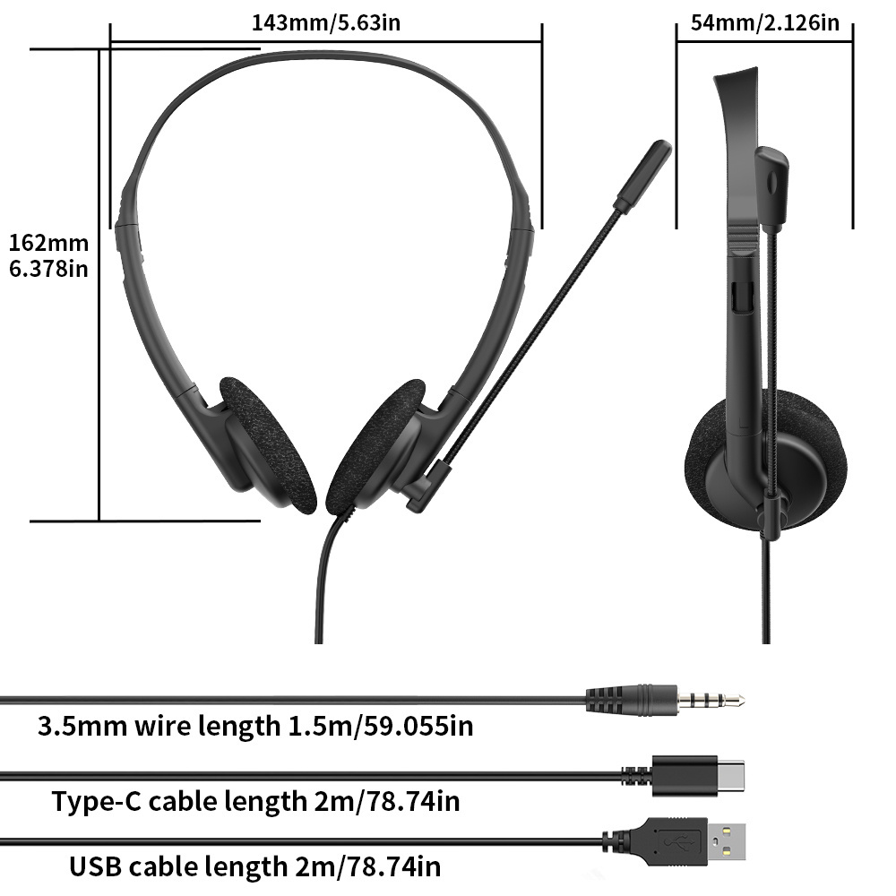 Lightweight wired telephone headset with ENC noise‑cancelling flexible boom microphone. Supports USB, Type‑C & 3.5mm jack, perfect for call centers, remote work, online meetings and classes，OEM & ODM