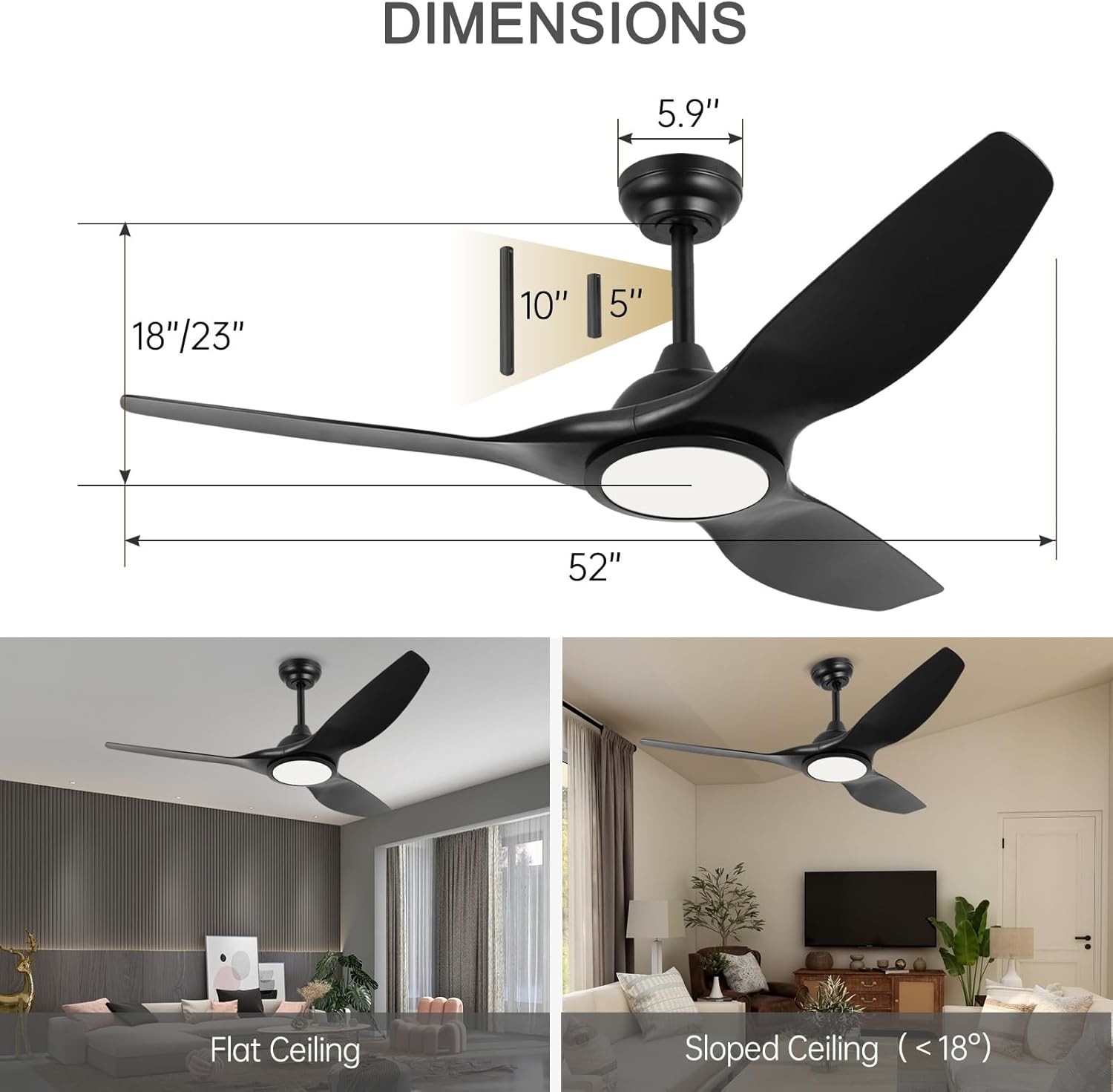 52 Inch Fan With Light 3 Color Temperature For Bedroom High CFM Ceiling Fan
