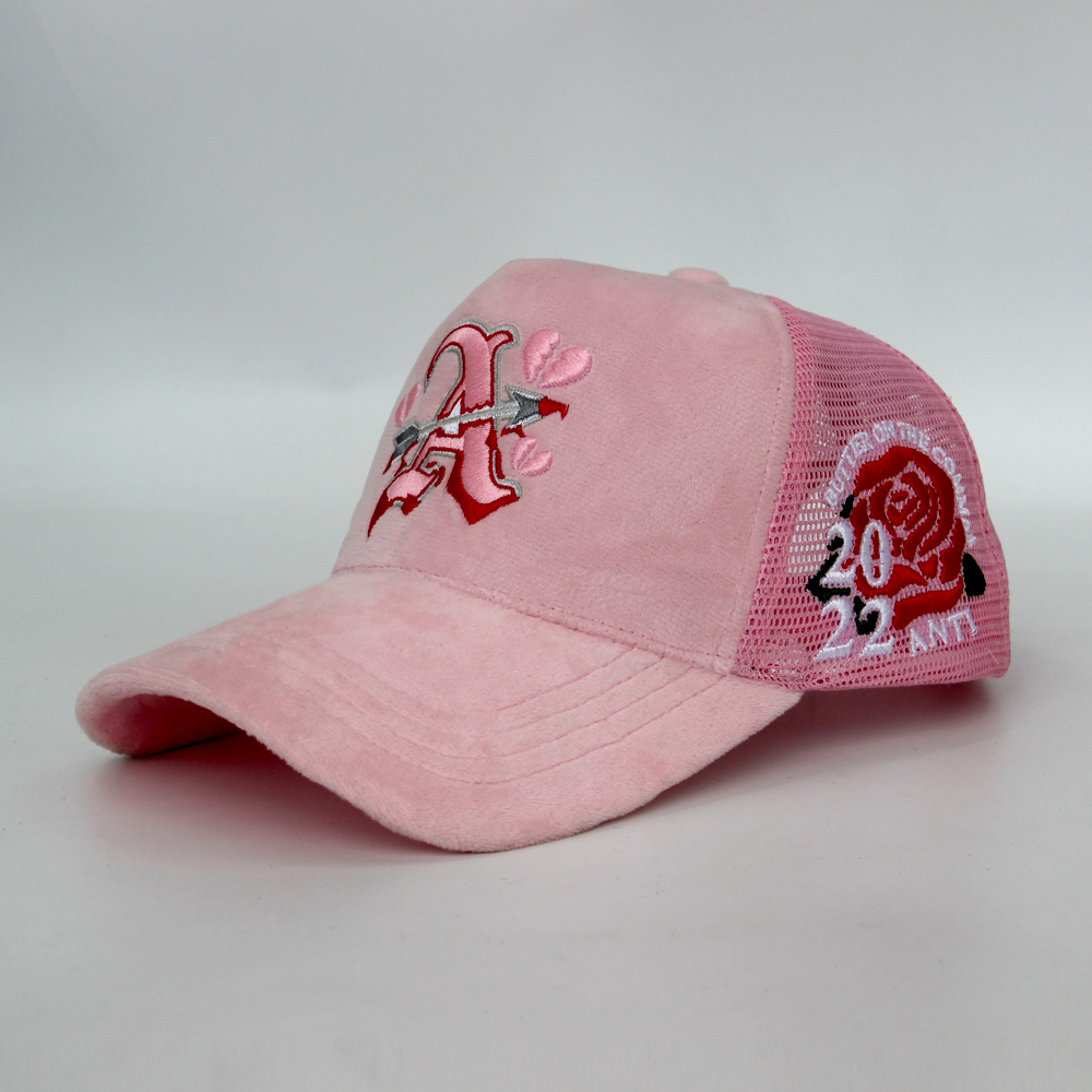 Embroidery Logo 5 Panel Black Mesh Hats Custom Velvet Trucker Cap