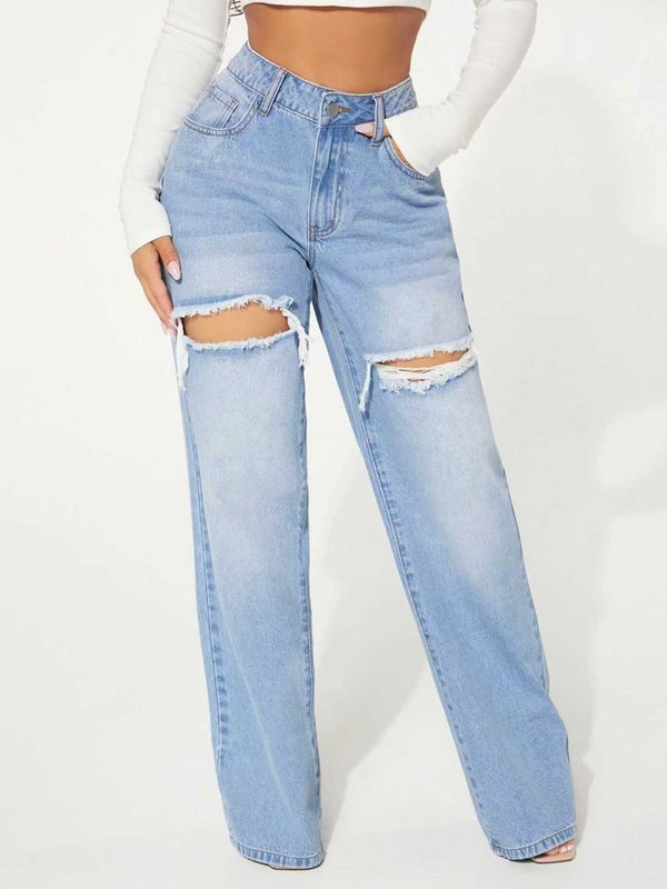 Men's Blue Low Waist Distressed Casual Pants Custom (917-1)