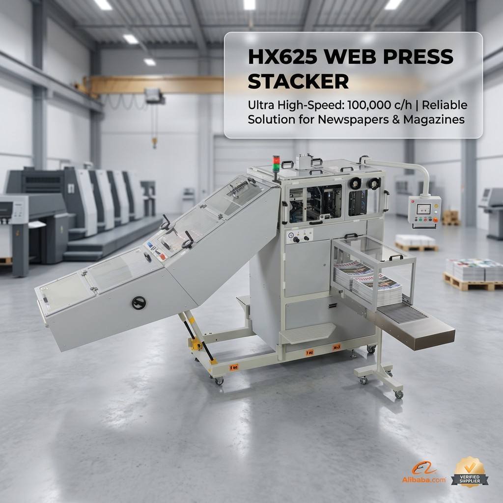 HX625 Web Press Stacker optimized for newspaper web presses and rotary cutters ensuring finished paper stacking