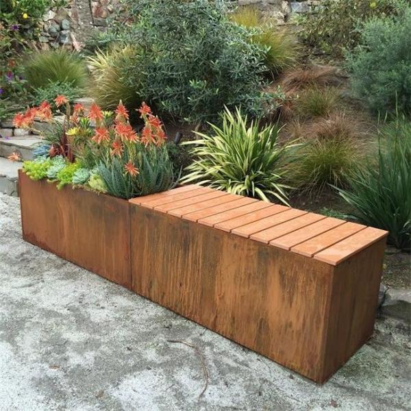 Metal Trough Corten Steel Planter Bench For Streetscape