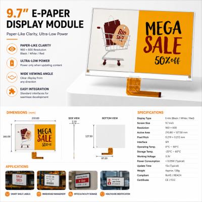 9.7 3 Color E Ink Display Ultra Low Power Electronic Paper Display 960x672 For Retail Signage