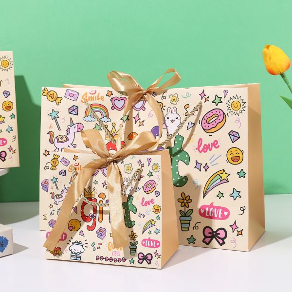Custom Printed Gift Paper Bag Thickened Storage Handbag Children's Birthday Horizontal Version Packaging Bag