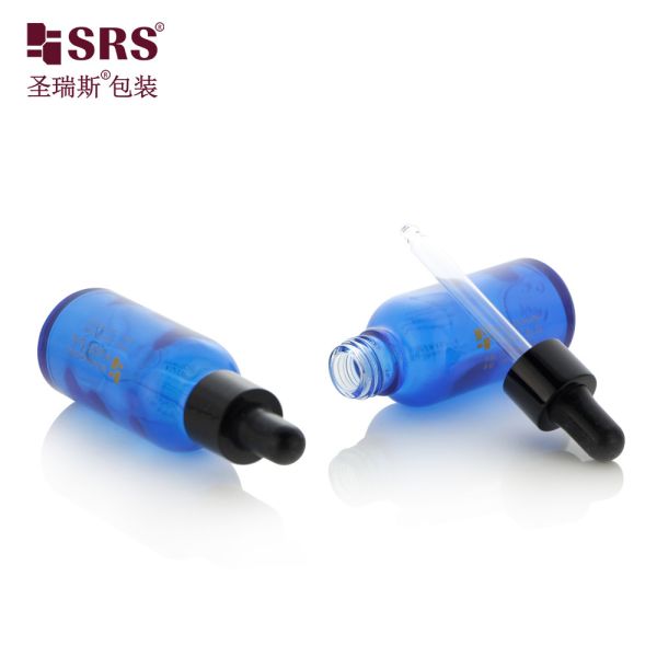 D001-50ml Coating Blue Translucent Glass Essential Oil Bottle With Glossy Black Dropper Multiple Capacity For Aromatherapy Products