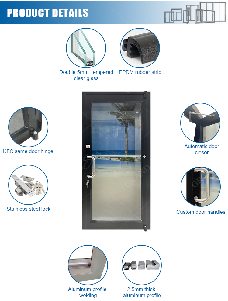 USA American Modern Design Storefront Front Glaze White Swing Entry Commercial Kfc Chicken Aluminium Door