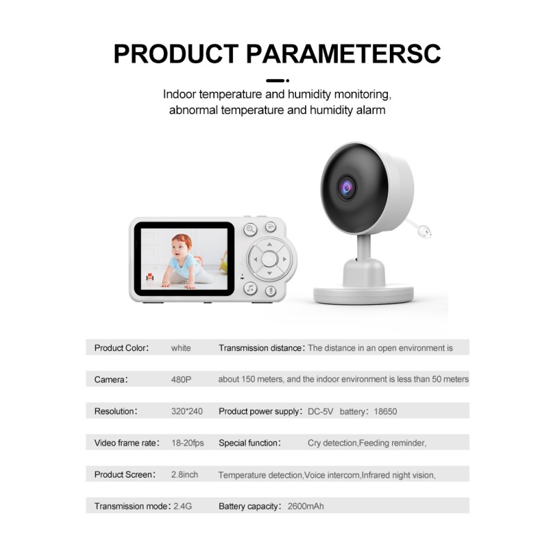 Smart Baby Pet Monitor With Camera and Audio 480P 2.8 Inch Screen 4X Zoom Sleep Surveillance IR Night Vision Two-Way Audio Cam