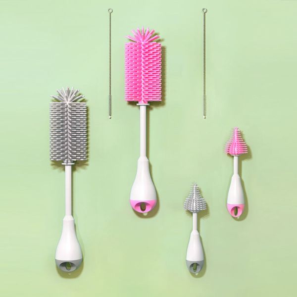 Juego de cepillos de limpieza de silicona giratorios de empuñadura recta 3 en 1 para biberón de alimentación de leche de bebé paja de pezón