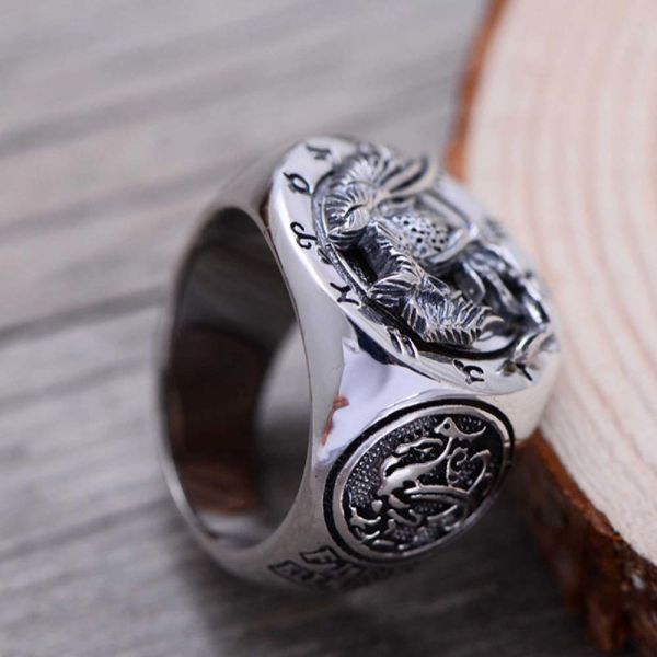 925 Sterling Silver Engraved Rosefinch Taiji Design Vintage Men Ring (057626)