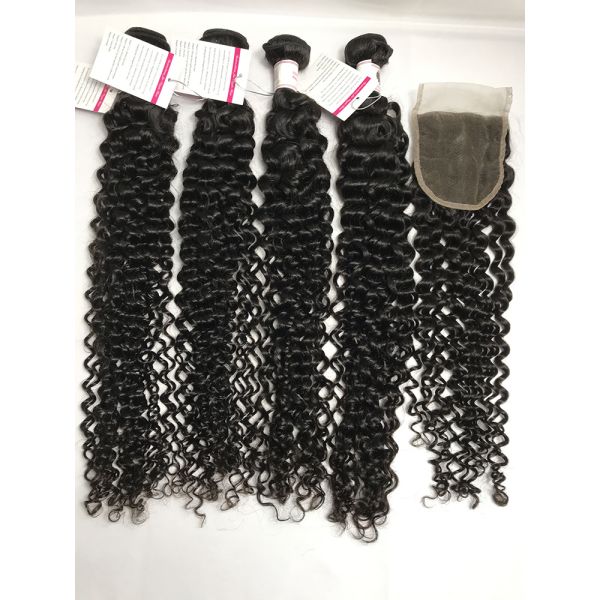 Natural 100% Brazilian Virgin Deep Wave Hair Bundles With 4x4 Lace Closure