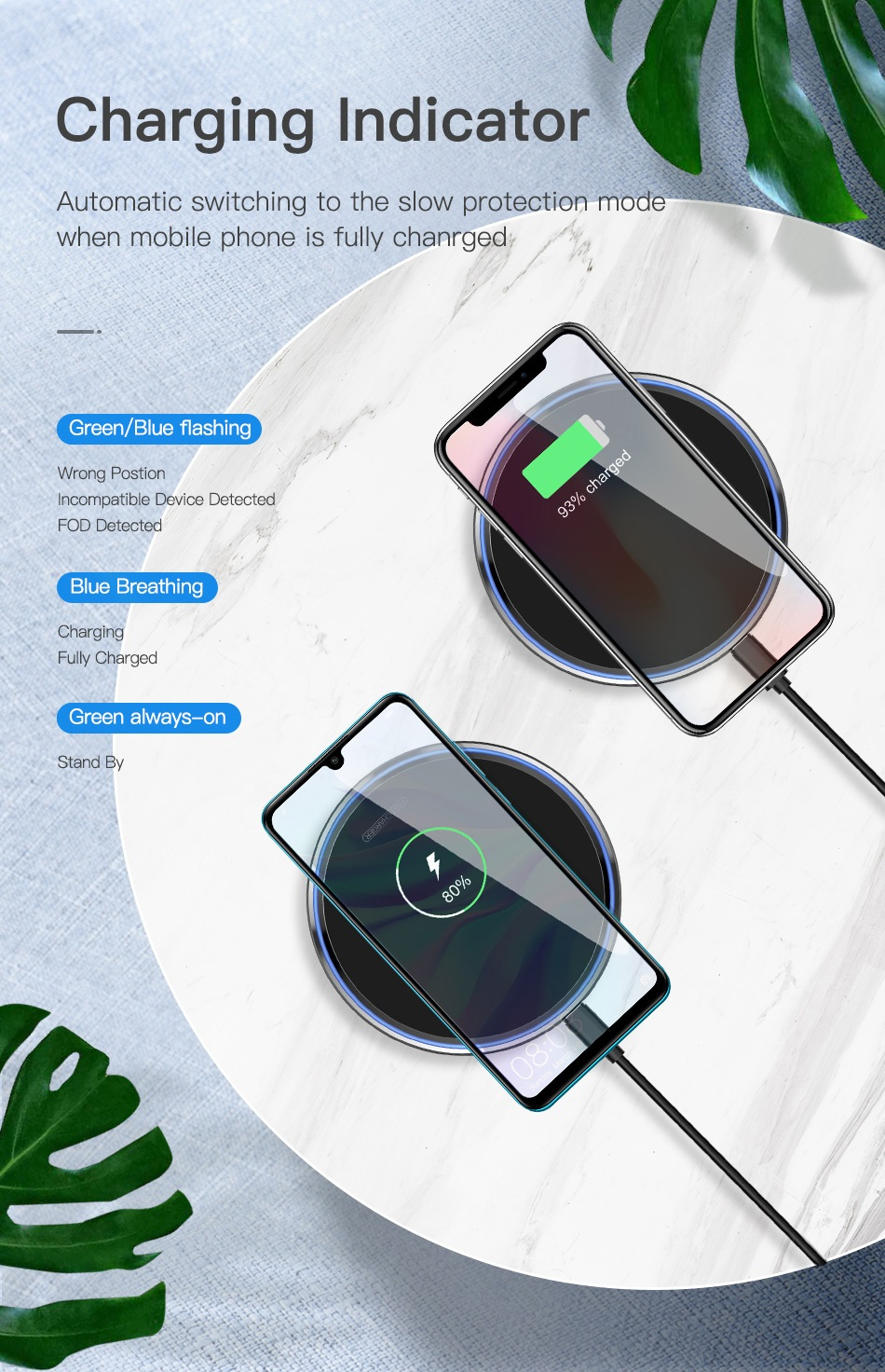 15W 10W Fast Charging Pad Wireless Mobile Phone Smart Fast Charger With Type C Micro Cable