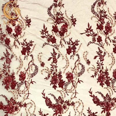 Estilo africano vermelho da tela do laço do bordado de Applique 3D do vinho para a matéria têxtil da casa