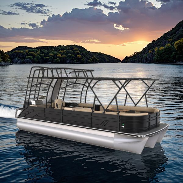 スライダーとBBQグリル付き27フィートダブルデッキポンツーンボート | レジャー＆釣り用高級ブラック2層パーティーボート