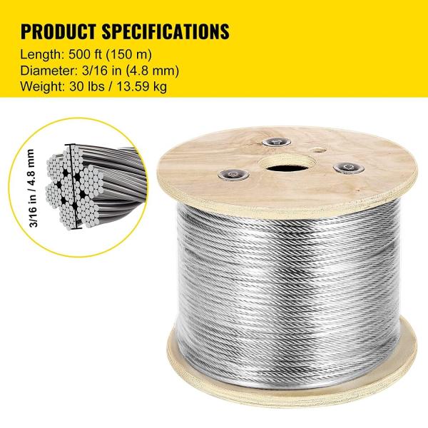 500 Ft Stainless Steel Cable T304 Wire Rope Stranded 3/16 Inch 7x19 Aircraft Cable Reel for Industrial Applications