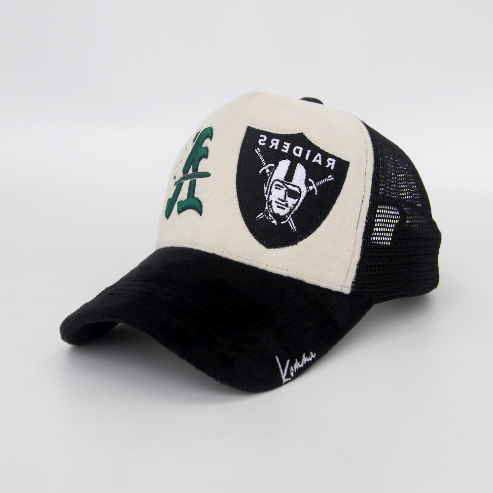 Embroidery Logo 5 Panel Black Mesh Hats Custom Velvet Trucker Cap