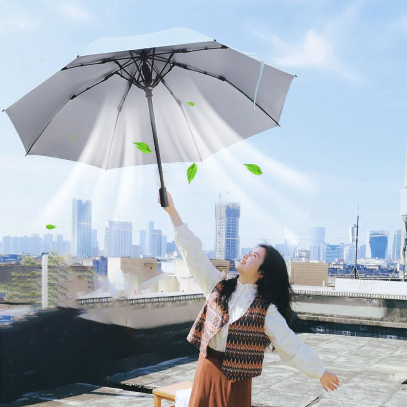 Modern Sunny Rainy Cooling Water Spray Fan Battery UV Protection 23 Inch Alloy 8 Ribs Pongee Folding Straight Umbrella