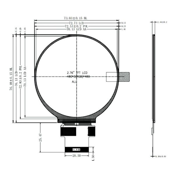 2.8 Inch Round TFT LCD Display Screen 480*480 Resolution Optional Touch SPI RGB MIPI