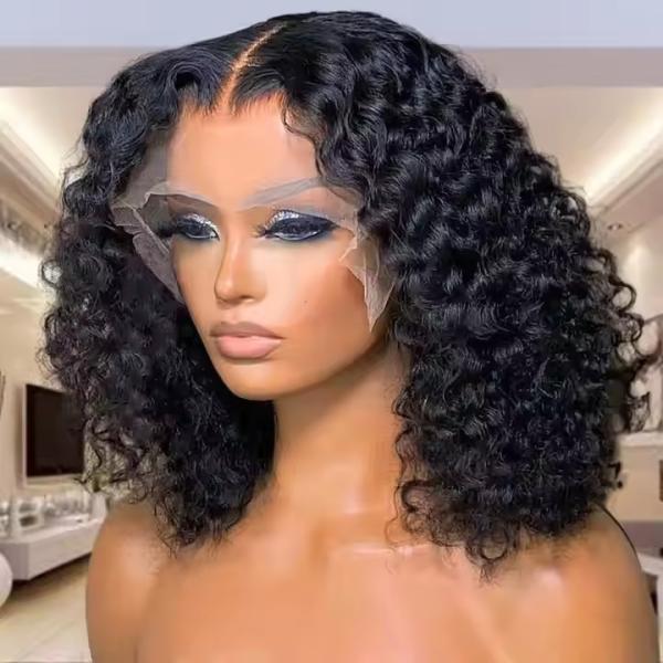 Deep Wave Curly Short Bob Hair Wig Chocolate Brown Transparent Lace Front Wig