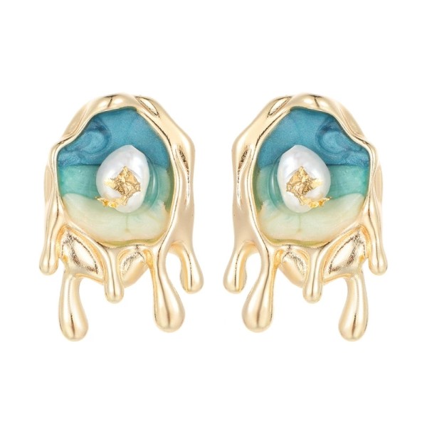 Fashion 14K Plate Gold French Retro Baroque Natural Pearl Earrings Enamel Monet Garden Style Studs Jewelry Gift