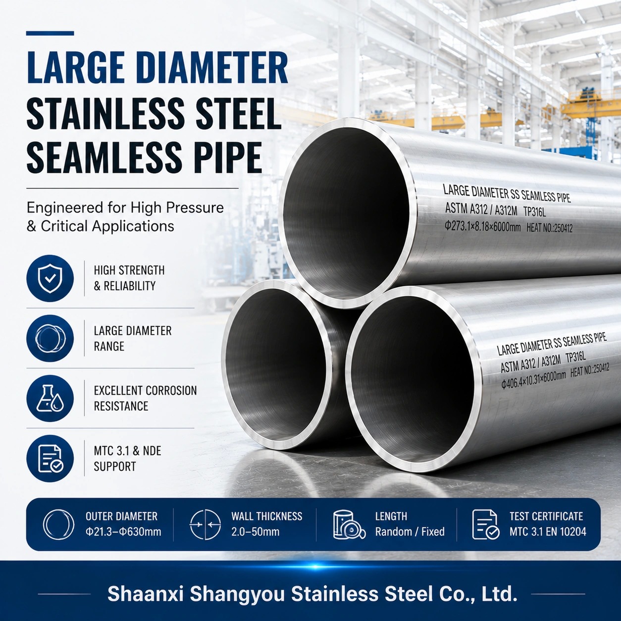 Large Diameter Stainless Steel Seamless Pipe for High Pressure and Structural Service