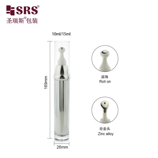 AY009 10ml 15ml Customized Shiny Silver Metalic Acrylic Airless Roll On Bottle For Eye Cream No Leakage