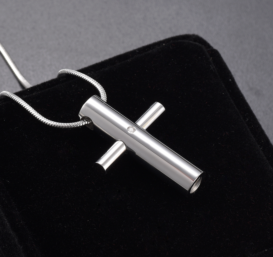 High Polished Cross Crystal Stainless Steel Cremation Pendant with Memorial Necklace