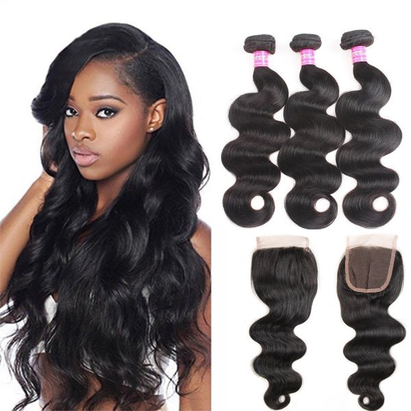 Body Wave Human Hair Bundles With Closure Brazilian Hair Weave 3 Bundles with Closure Remy Hair weft
