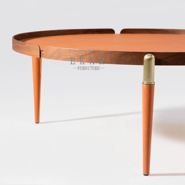 Round Metal Leg Italian Design Leather Modern Coffee Table