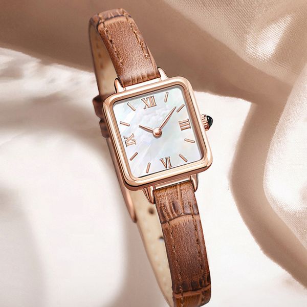 Small Brown Leather Watch Womens Square Fashion Roman Watch Slim Belt