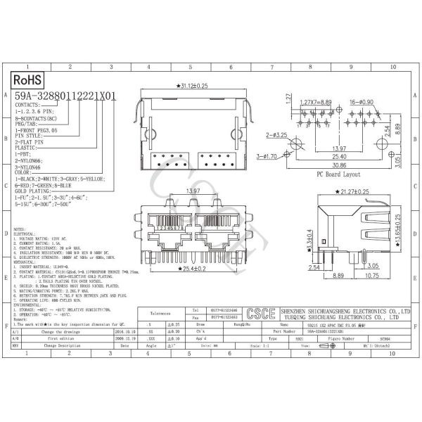 EMI RJ45 Female Ethernet Cable Jack , Right Angle RJ45 Connector 1 * 2Port