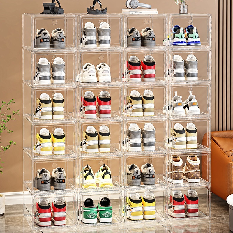 Large Capacity Transparent Plastic Shoe Box with Hard Case Modern Design Magnetic Suction Front Side Opening for Storage