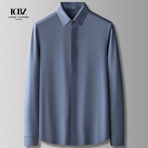 LCBZ Logotipo personalizado de lujo camisa de seda a rayas de hombre con botón cubierto para el invierno