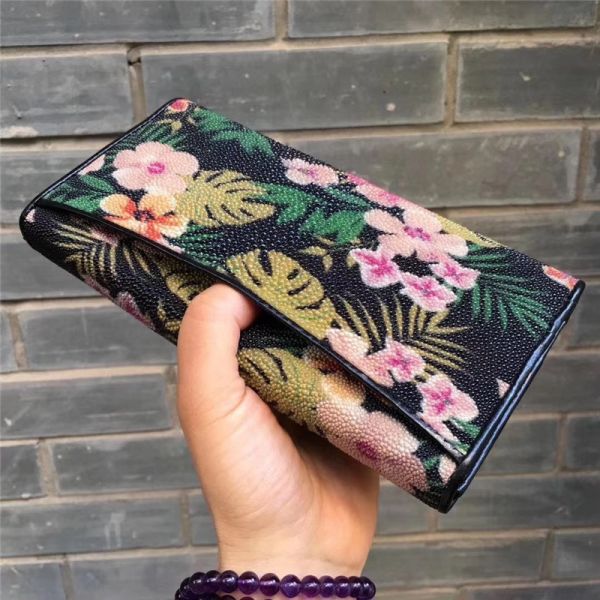 Authentic Stingray Skin Female Long  Flower Trifold Wallet Genuine Leather Lady Large Clutch Bag Women Floral Coin Purse