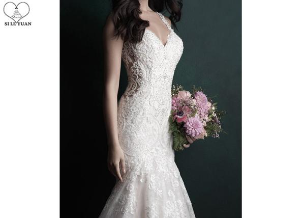 Backless Lace Mermaid Bridal Gowns Off White Sleeveless Heavy Beaded