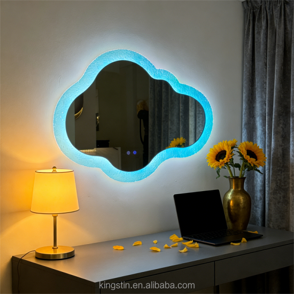 Textured Border Cloud LED Mirror with Ambient Backlight - Dimmable Decorative Mirror for Bathroom/Entryway/Bedroom Vanity