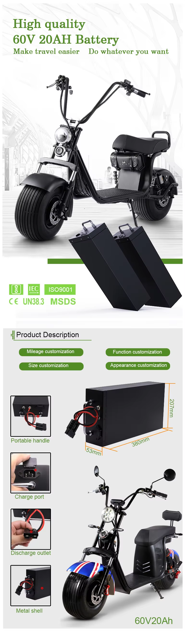 60v 72v 20ah 30ah Li Ion Electric Dirt Bike Lithium Battery Lithium Slimline Battery