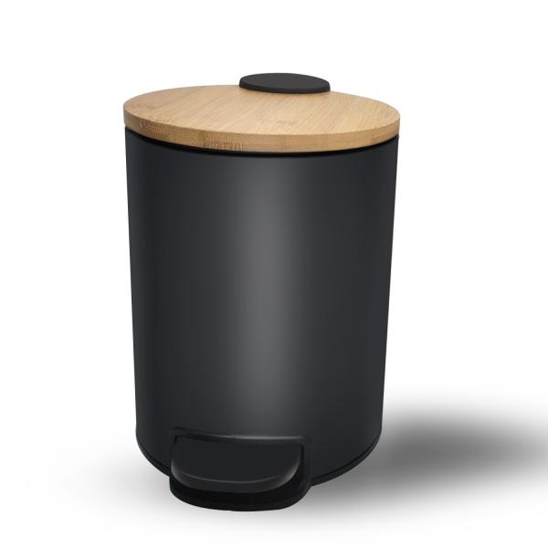 3L 5L Small Round Fingerprint-Proof Black Metal Step Trash Can with Bamboo Lid