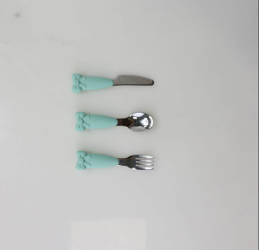 Bow Know Нержавеющая сталь Детская ложка С силиконовой ручкой Вилка Нож Набор для кормления