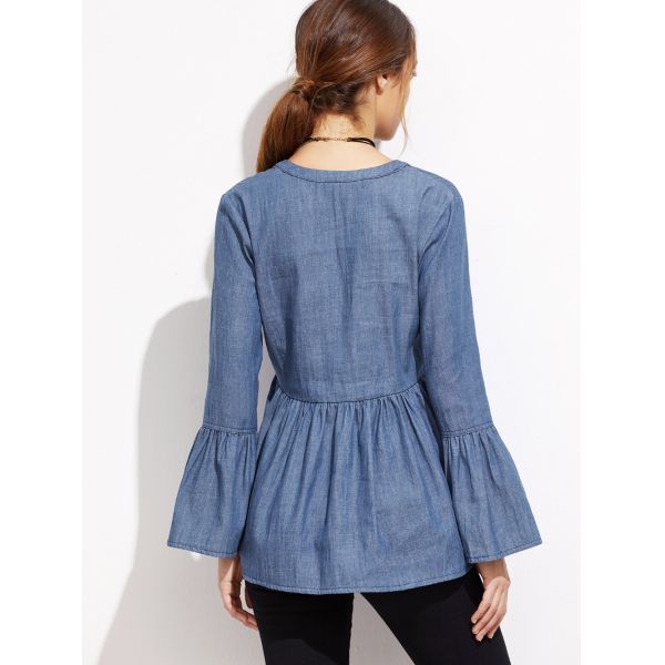 Дамы покрывают глубокая рубашка джинсовой ткани рукавов крышки в-неклине для женщин