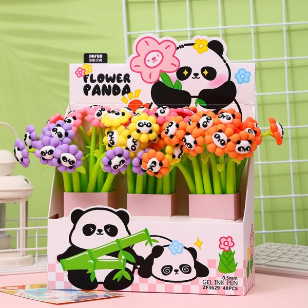 Plumas de flor Panda Plumas de forma de bola rosa Plumas creativas líquidas negras de 0,5 mm Tinta de gel Plumas de pelota para niñas Mujeres, artículos de oficina y decoración escolar