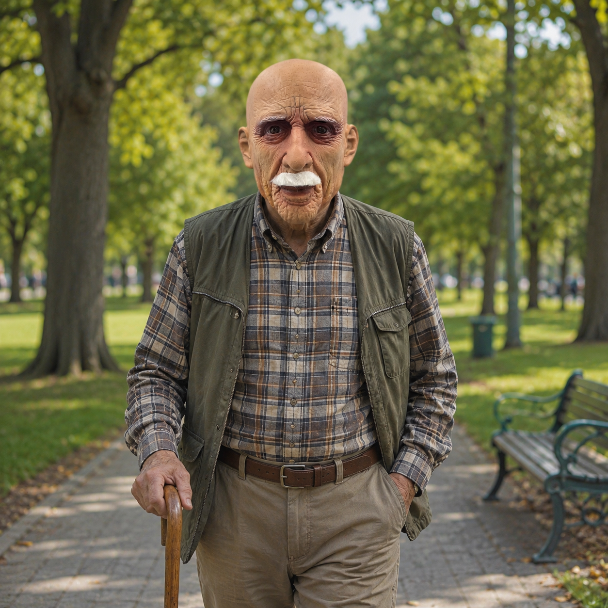 Bald Old Man Latex Full Head Mask with White Mustache, Realistic Wrinkles, Aged Skin Texture, Detailed Ear Shape and Visible Eye Openings for Halloween Party Cosplay Costume