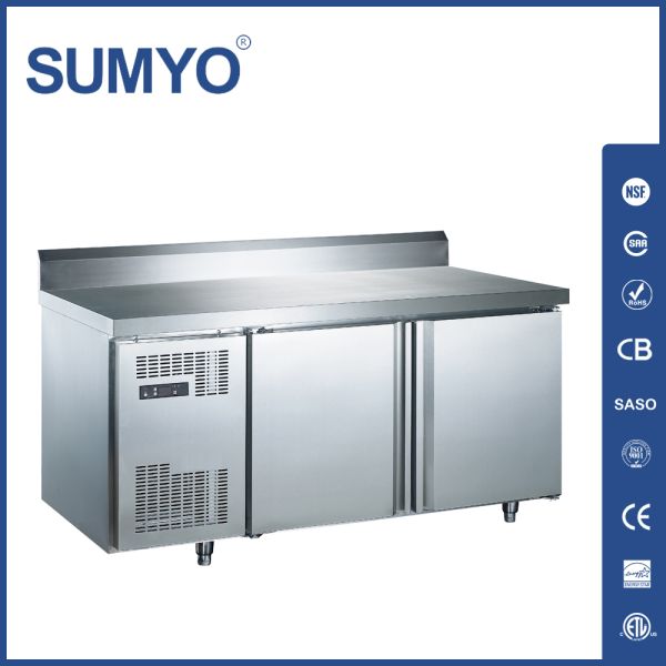 Réfrigérateur de table industriel de haute qualité à deux portes, congélateur vertical commercial avec lumière LED, établi, cuisine, utilisation en restaurant