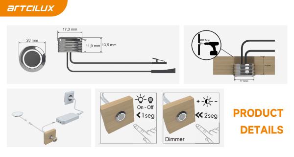 S1004 Recessed Dimmer Touch Sensor Switch With 1500mm Cable Length Split Control DC12V 60W Max