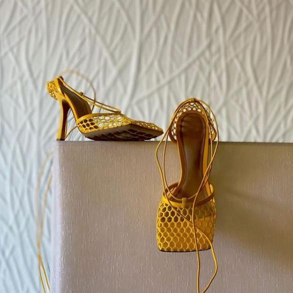 Hot Sell Luxurious Brand Sexy Mesh Square Toe Customization Heel Lace-Up Sandals Shoes For Women Footwear
