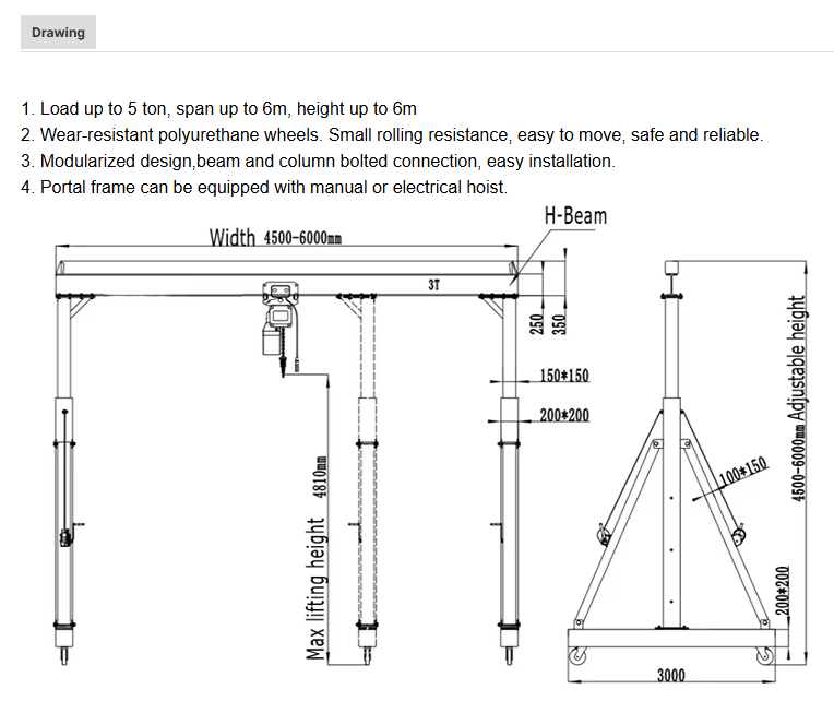 Electric Mobile Portable Adjustable Mini Gantry Crane without Rail Mounted