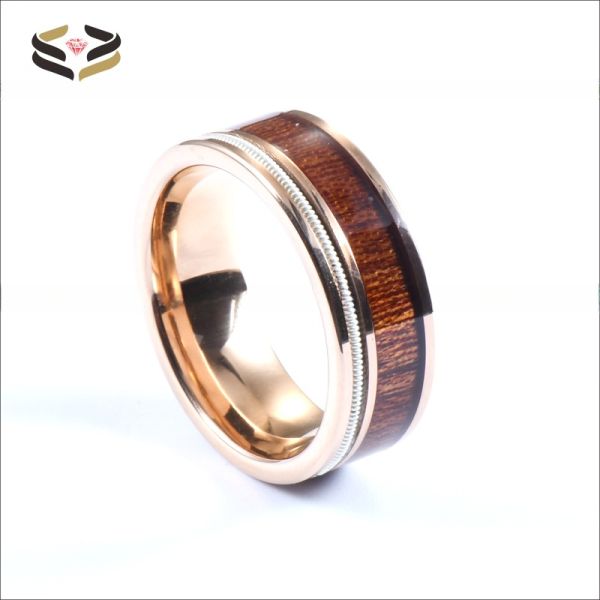 8mm Mens Tungsten Wedding Band Ring Rose Gold Finished With Koa Wood Inlay