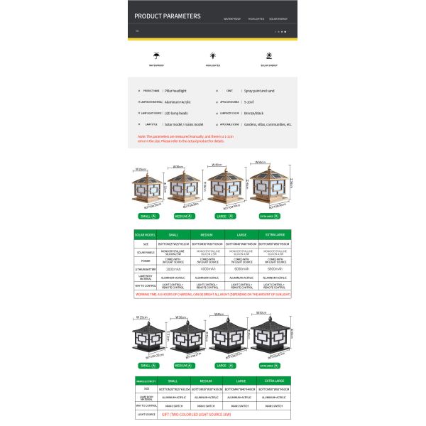 Column Bright Led Square Post Solar Lights Outdoor Commercial Lamp 6V 9W