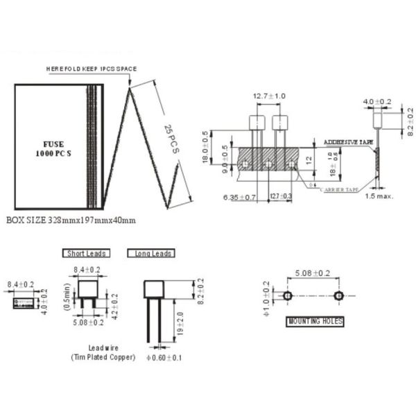 UL CuL VDE CQC PSE KC MTS Micro Fuse Radial Lead Slow Blow Square Fuse 250V T1A T2A T3.15A T5A T6.3A Miniature Fuse